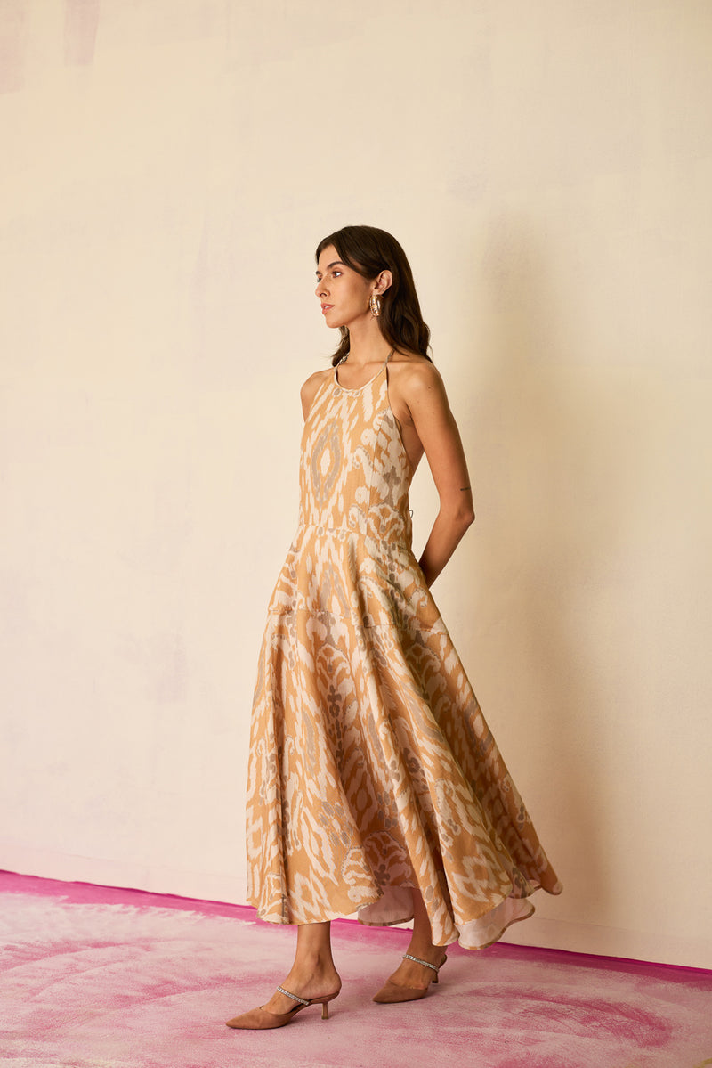 Sand Ikat Halter Neck Maxi Dress linen dress by World of SiSa in musturd yellow for women Worldwide