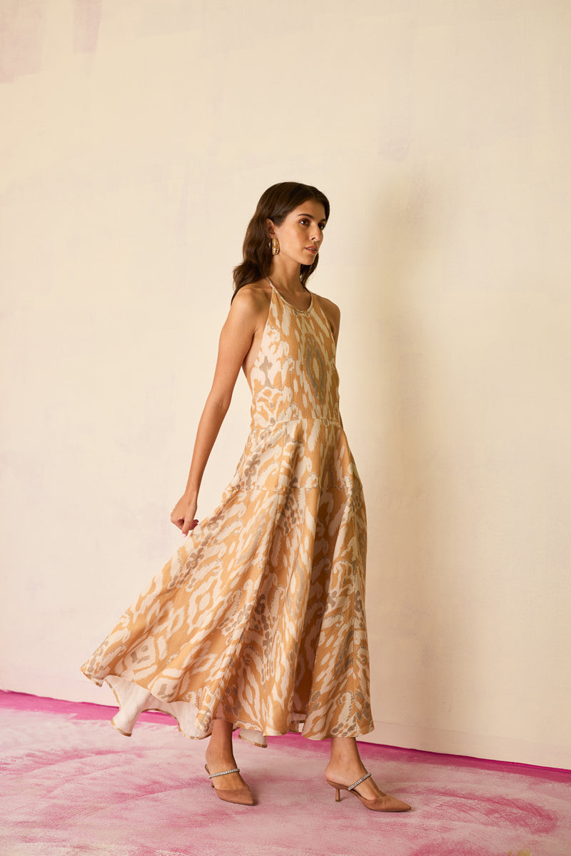 Sand Ikat Halter Neck Maxi Dress linen dress by World of SiSa in musturd yellow for women Worldwide
