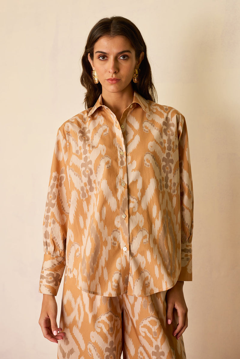 Sand Oversized Ikat Co-ord Set cotton co-ord set by World of SiSa in musturd yellow for women Worldwide
