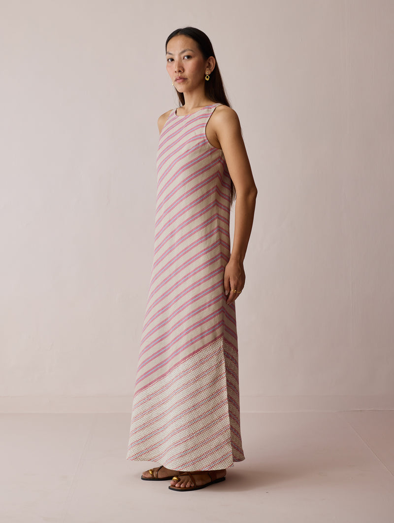 Orta Stripe Linen Bias Sleeveless Dress-Natural linen dress by Manan in off white for women Worldwide