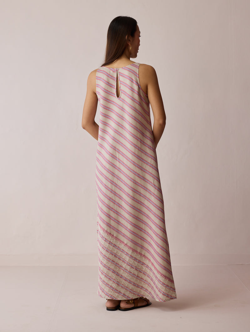 Orta Stripe Linen Bias Sleeveless Dress-Natural linen dress by Manan in off white for women Worldwide