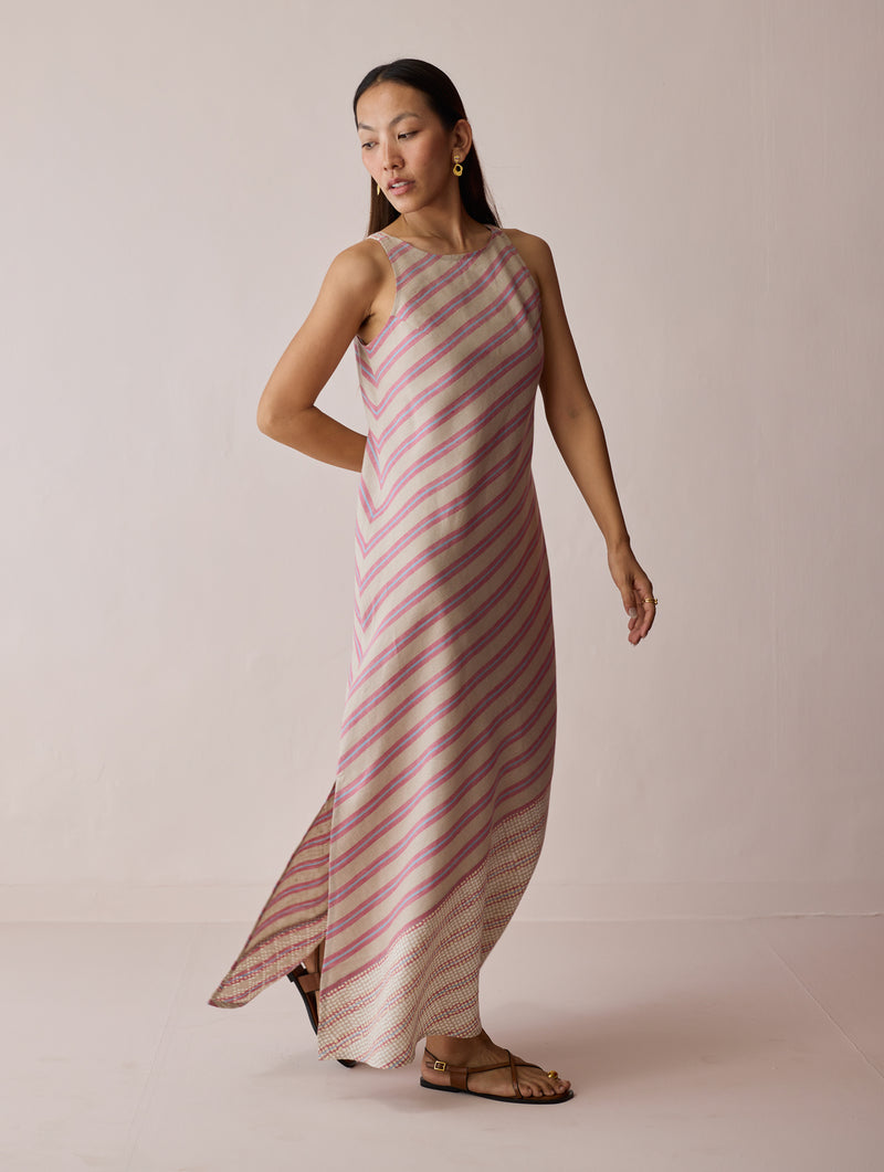 Orta Stripe Linen Bias Sleeveless Dress-Natural linen dress by Manan in off white for women Worldwide