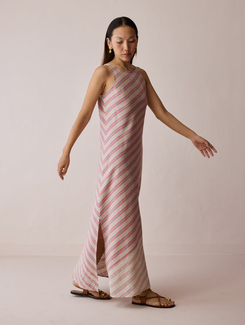 Orta Stripe Linen Bias Sleeveless Dress-Natural linen dress by Manan in off white for women Worldwide