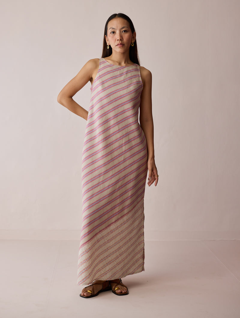 Orta Stripe Linen Bias Sleeveless Dress-Natural linen dress by Manan in off white for women Worldwide