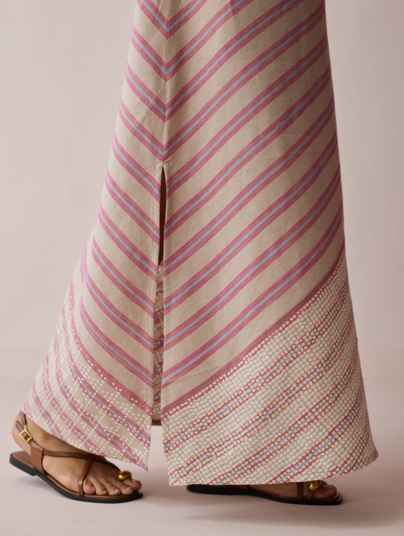 Orta Stripe Linen Bias Sleeveless Dress-Natural linen dress by Manan in off white for women Worldwide