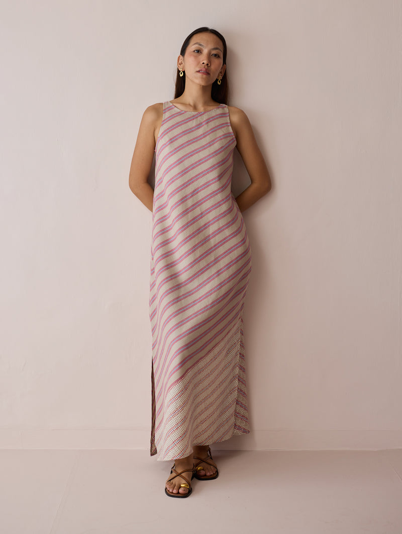 Orta Stripe Linen Bias Sleeveless Dress-Natural linen dress by Manan in off white for women Worldwide