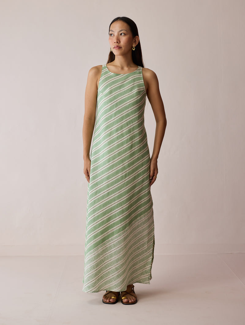 Orta Stripe Linen Bias Sleeveless Dress-Fern linen dress by Manan in green for women Worldwide