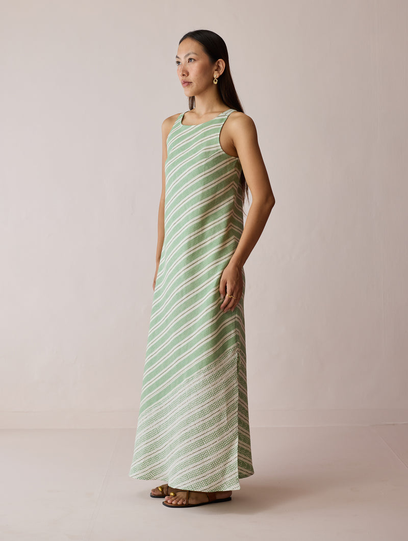 Orta Stripe Linen Bias Sleeveless Dress-Fern linen dress by Manan in green for women Worldwide