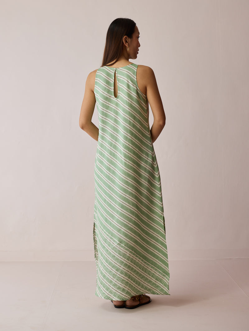 Orta Stripe Linen Bias Sleeveless Dress-Fern linen dress by Manan in green for women Worldwide