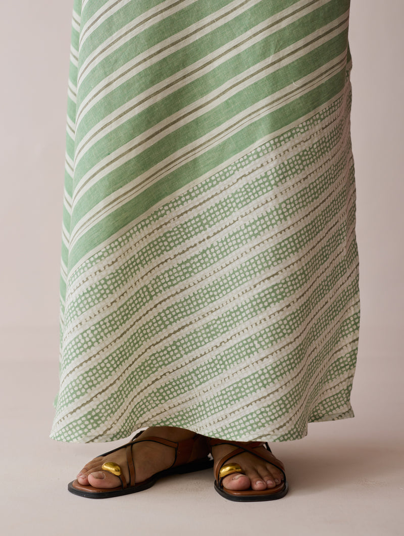 Orta Stripe Linen Bias Sleeveless Dress-Fern linen dress by Manan in green for women Worldwide