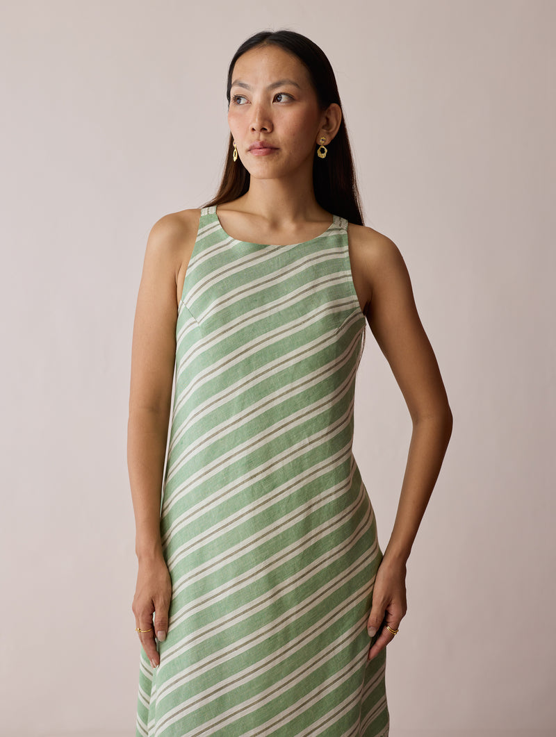 Orta Stripe Linen Bias Sleeveless Dress-Fern linen dress by Manan in green for women Worldwide