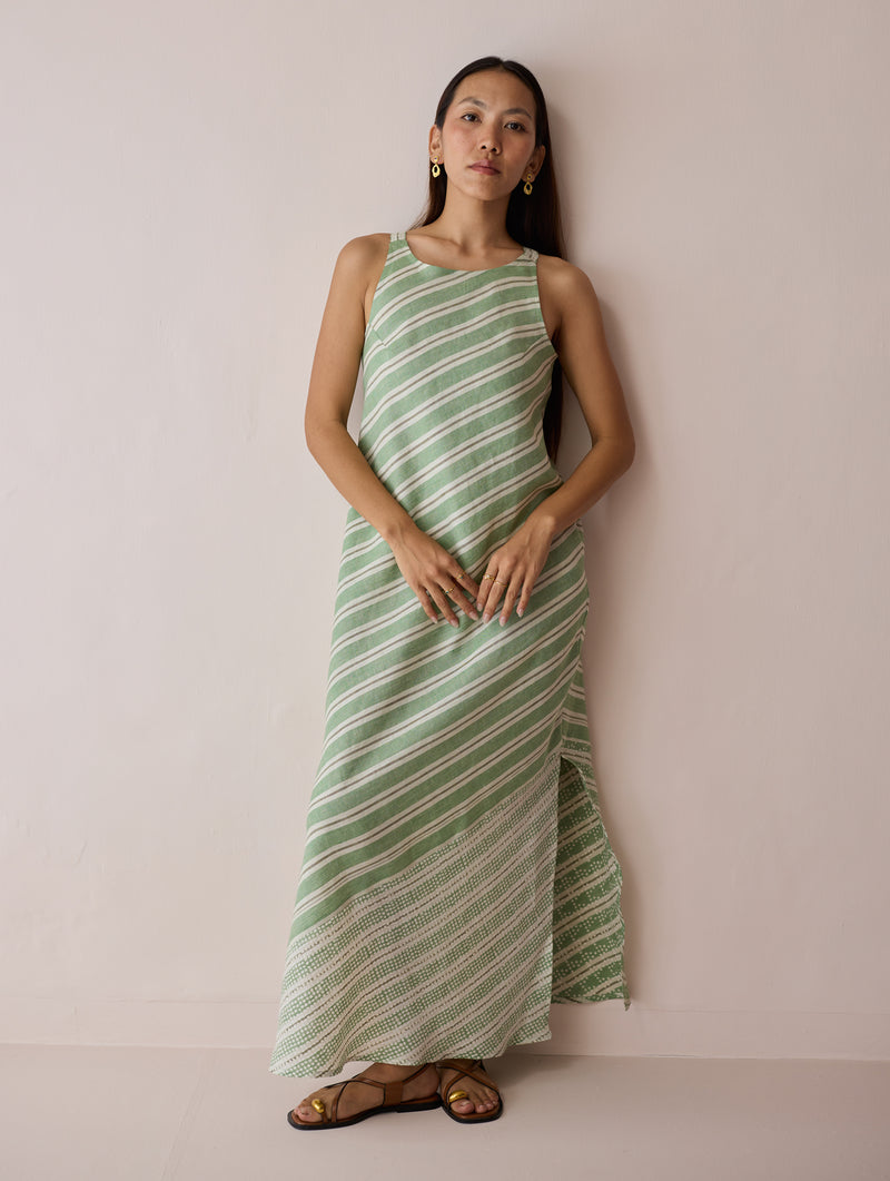 Orta Stripe Linen Bias Sleeveless Dress-Fern linen dress by Manan in green for women Worldwide
