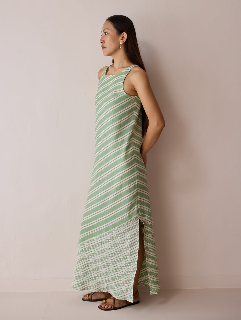 Orta Stripe Linen Bias Sleeveless Dress-Fern linen dress by Manan in green for women Worldwide