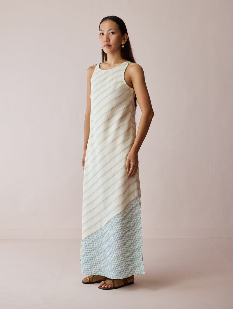 Orta Stripe Linen Bias Sleeveless Dress-Ivory linen dress by Manan in ivory for women Worldwide