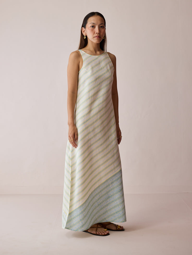 Orta Stripe Linen Bias Sleeveless Dress-Ivory linen dress by Manan in ivory for women Worldwide