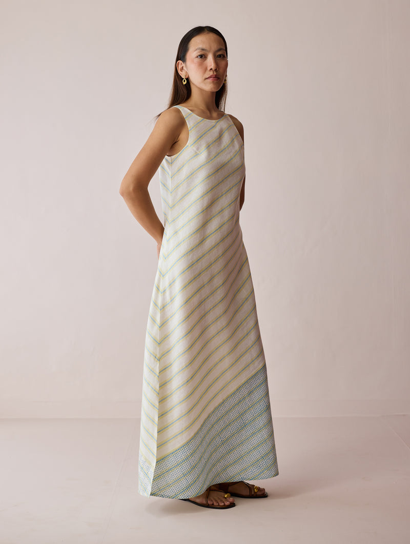 Orta Stripe Linen Bias Sleeveless Dress-Ivory linen dress by Manan in ivory for women Worldwide