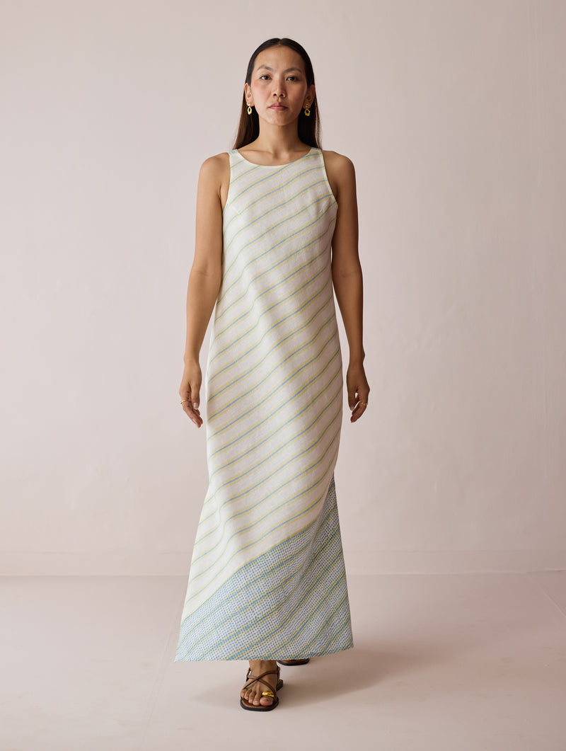 Orta Stripe Linen Bias Sleeveless Dress-Ivory linen dress by Manan in ivory for women Worldwide