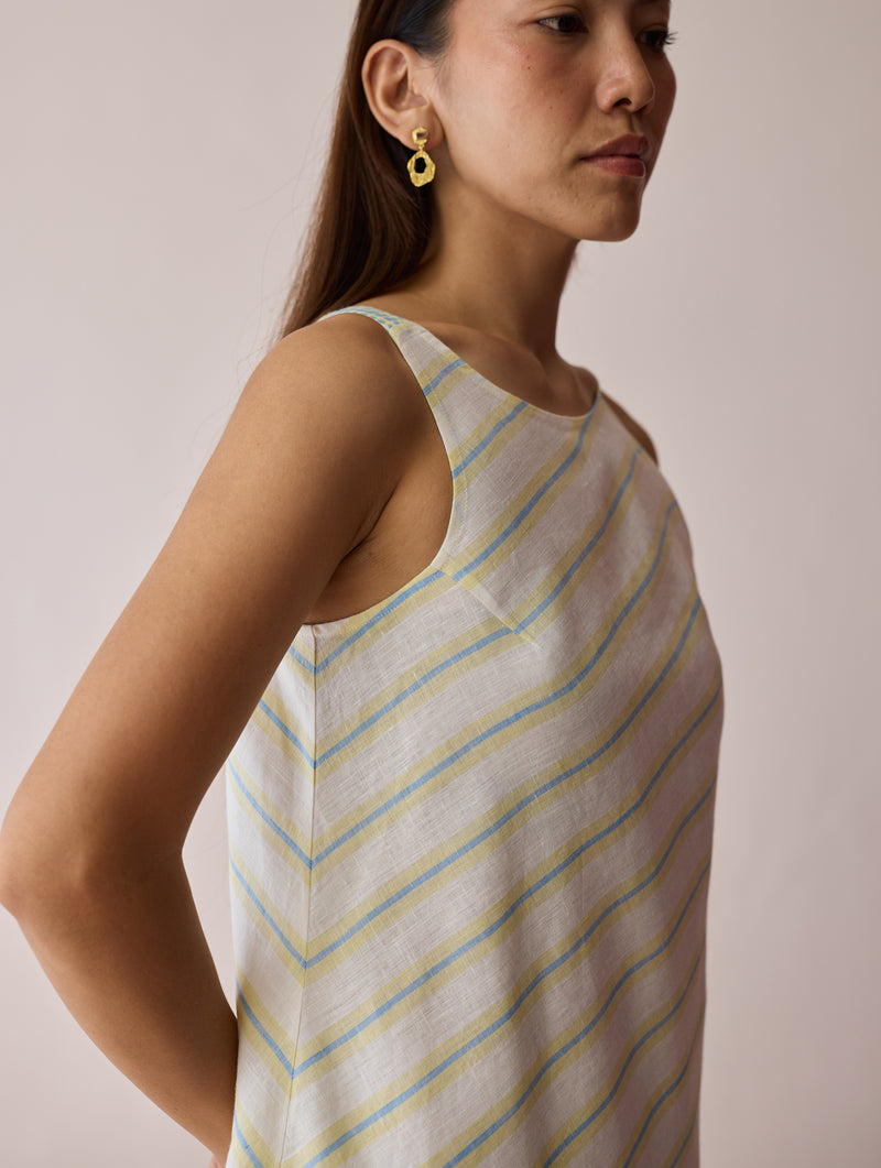 Orta Stripe Linen Bias Sleeveless Dress-Ivory linen dress by Manan in ivory for women Worldwide
