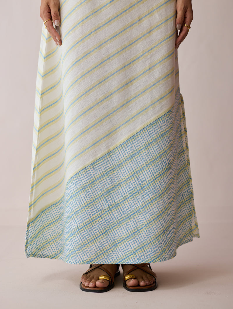 Orta Stripe Linen Bias Sleeveless Dress-Ivory linen dress by Manan in ivory for women Worldwide