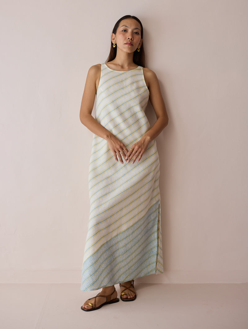 Orta Stripe Linen Bias Sleeveless Dress-Ivory linen dress by Manan in ivory for women Worldwide
