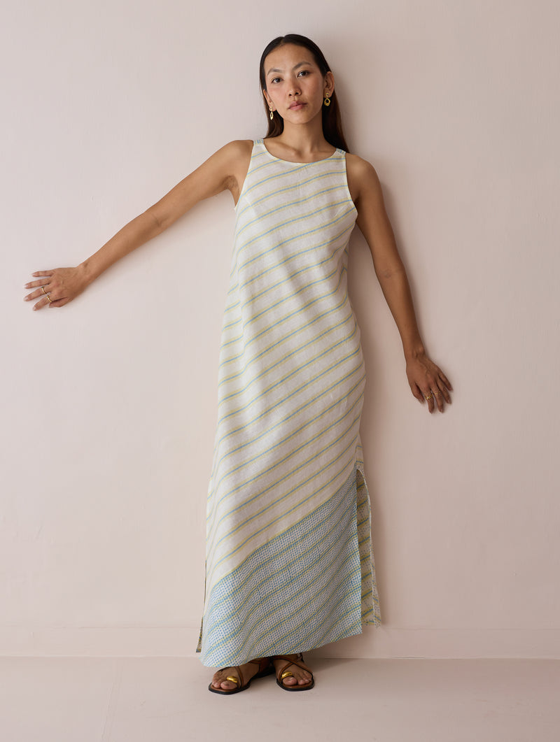 Orta Stripe Linen Bias Sleeveless Dress-Ivory linen dress by Manan in ivory for women Worldwide