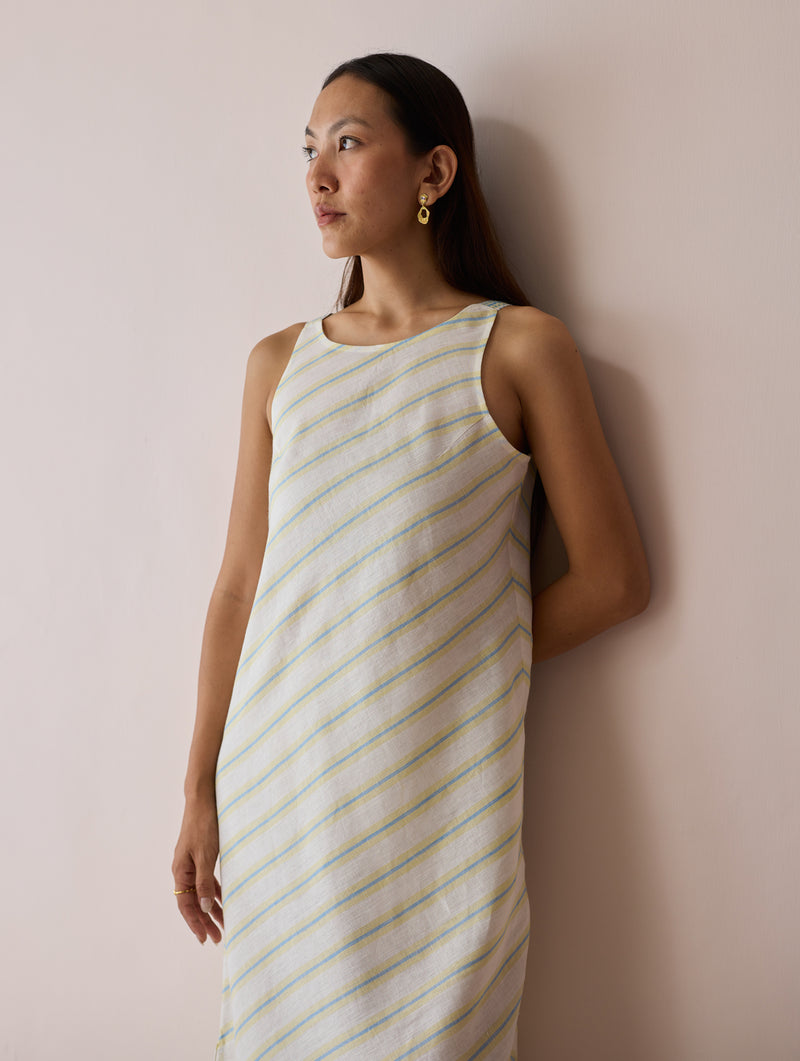 Orta Stripe Linen Bias Sleeveless Dress-Ivory linen dress by Manan in ivory for women Worldwide