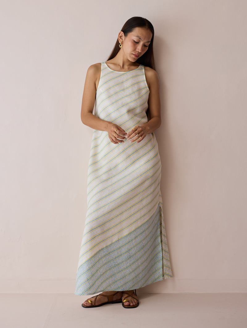 Orta Stripe Linen Bias Sleeveless Dress-Ivory linen dress by Manan in ivory for women Worldwide