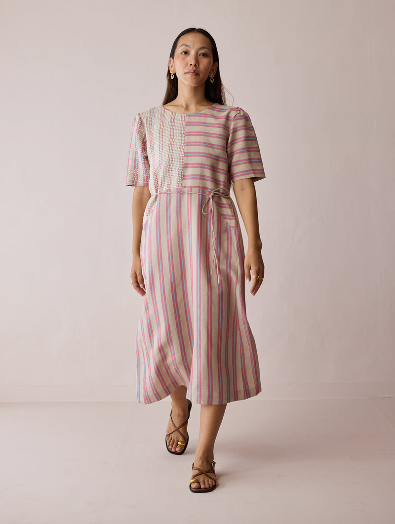 Sola Patchwork Block-Printed Linen Dress-Natural linen dress by Manan in off white for women Worldwide