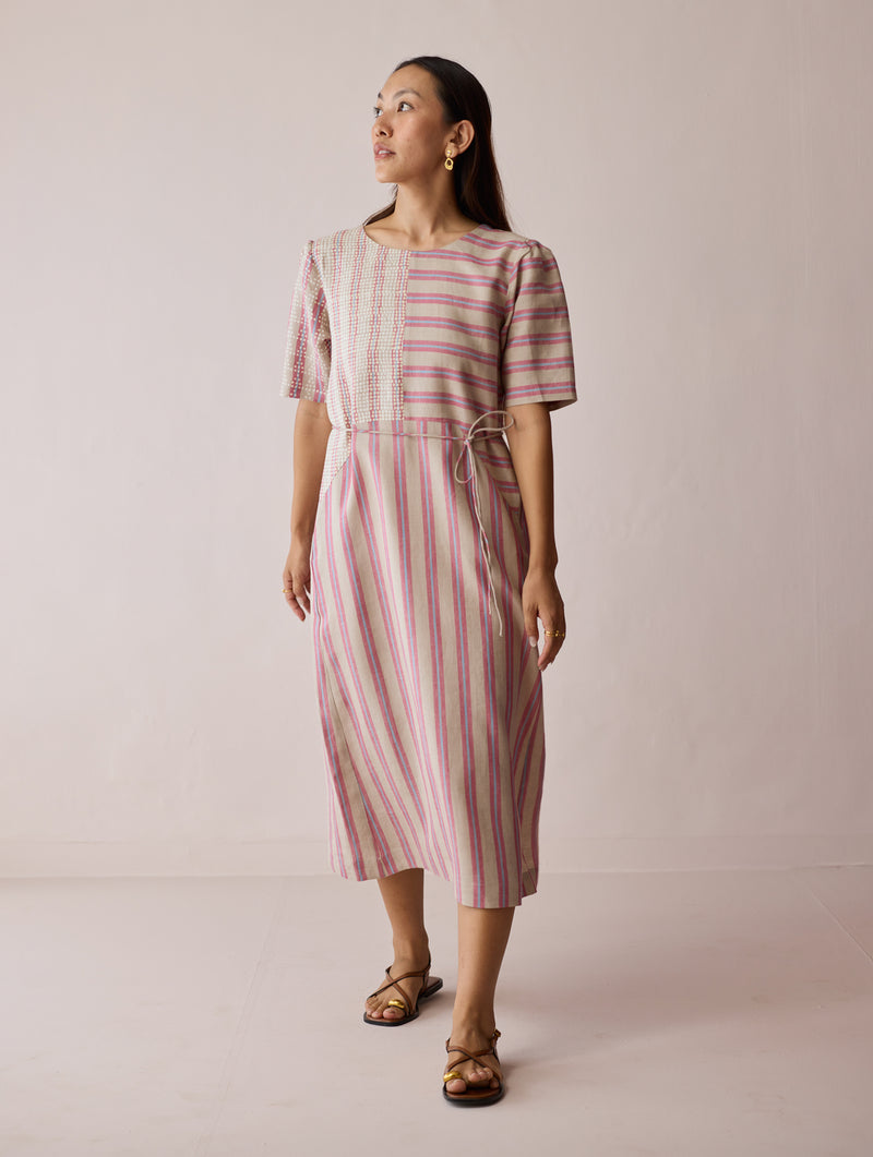 Sola Patchwork Block-Printed Linen Dress-Natural linen dress by Manan in off white for women Worldwide
