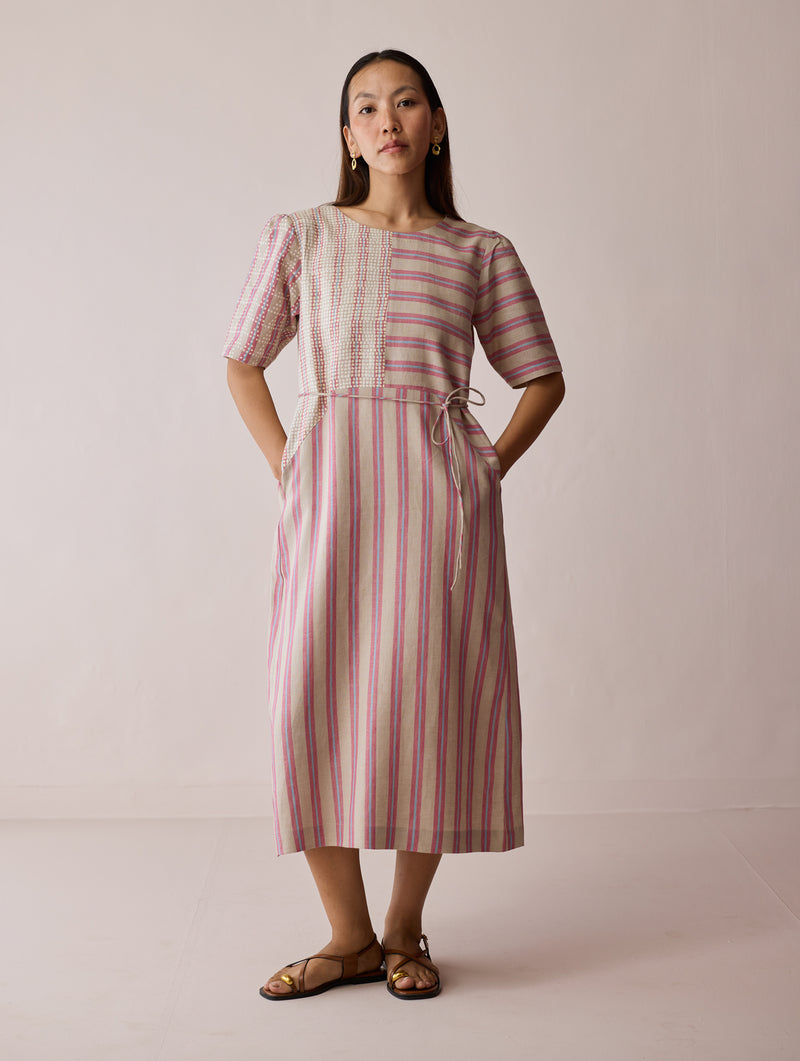 Sola Patchwork Block-Printed Linen Dress-Natural linen dress by Manan in off white for women Worldwide