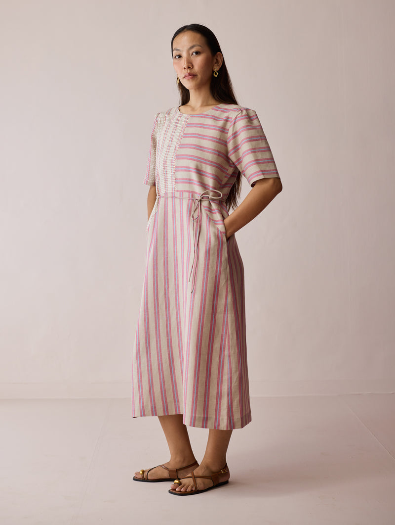 Sola Patchwork Block-Printed Linen Dress-Natural linen dress by Manan in off white for women Worldwide