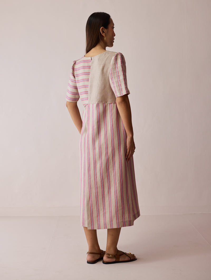 Sola Patchwork Block-Printed Linen Dress-Natural linen dress by Manan in off white for women Worldwide