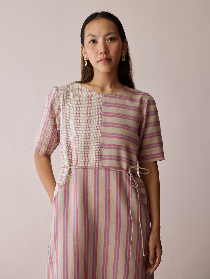 Sola Patchwork Block-Printed Linen Dress-Natural linen dress by Manan in off white for women Worldwide