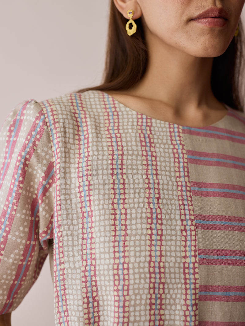 Sola Patchwork Block-Printed Linen Dress-Natural linen dress by Manan in off white for women Worldwide