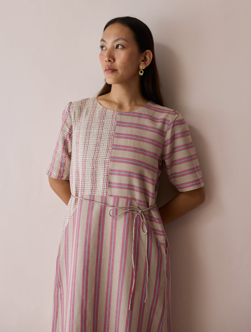 Sola Patchwork Block-Printed Linen Dress-Natural linen dress by Manan in off white for women Worldwide