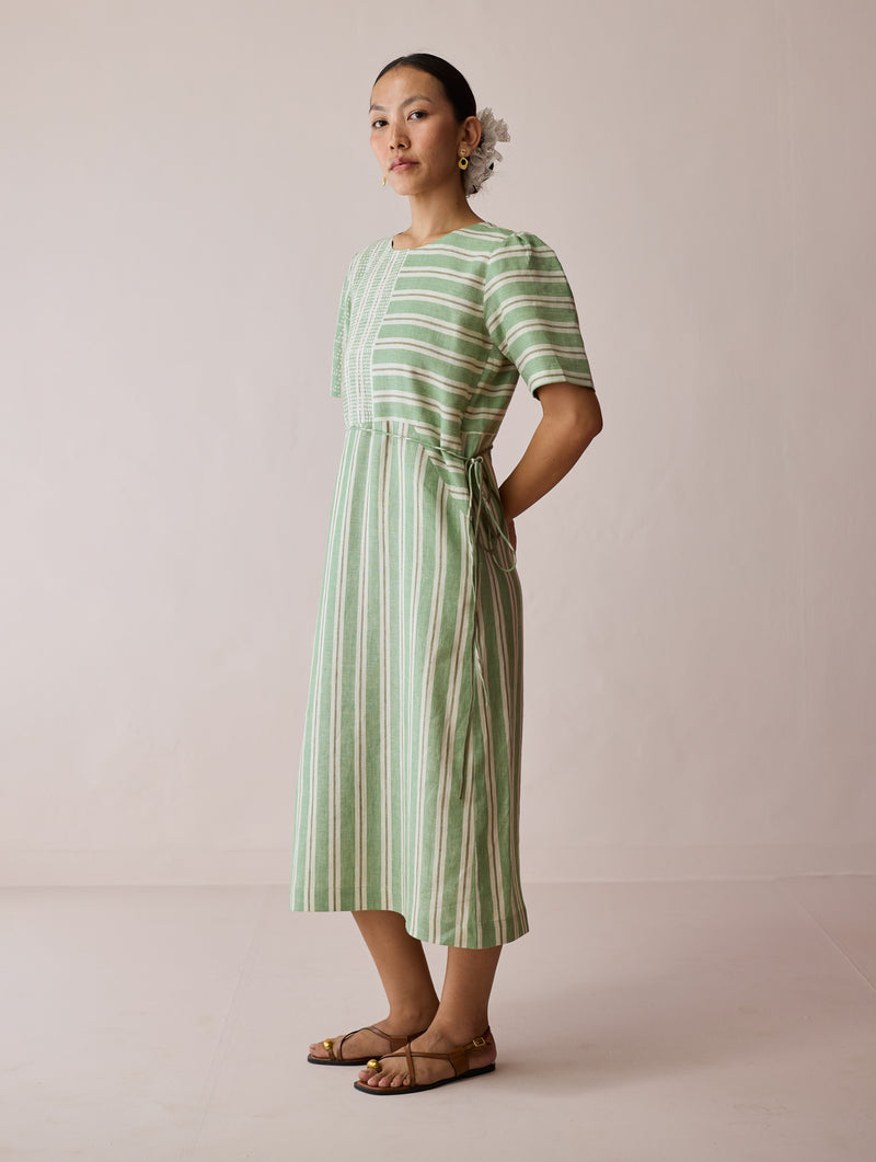 Sola Patchwork Block-Printed Linen Dress-Fern linen dress by Manan in green for women Worldwide