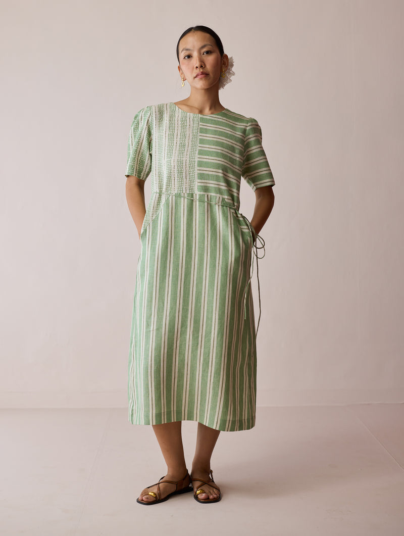 Sola Patchwork Block-Printed Linen Dress-Fern linen dress by Manan in green for women Worldwide