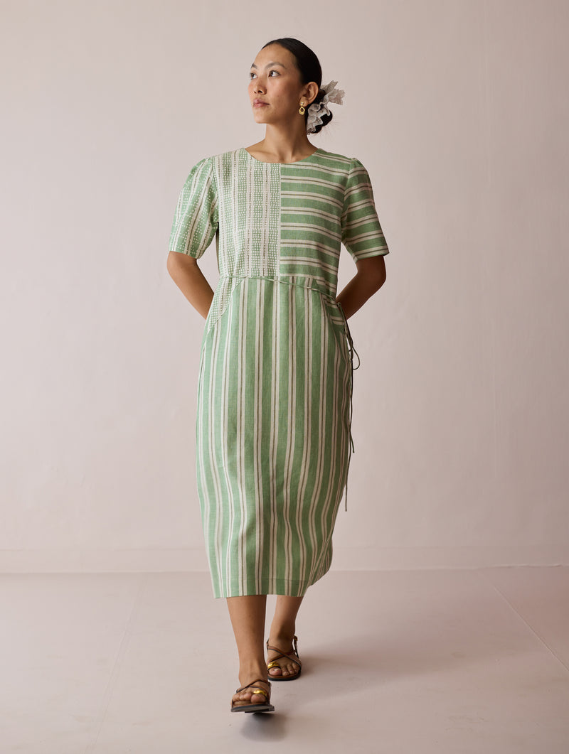 Sola Patchwork Block-Printed Linen Dress-Fern linen dress by Manan in green for women Worldwide