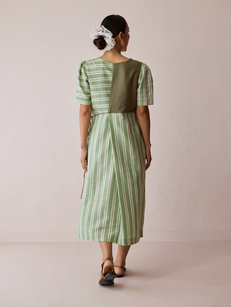 Sola Patchwork Block-Printed Linen Dress-Fern linen dress by Manan in green for women Worldwide