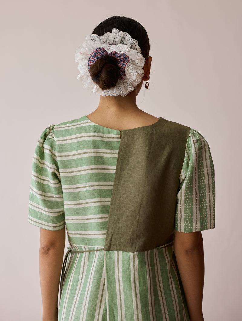 Sola Patchwork Block-Printed Linen Dress-Fern linen dress by Manan in green for women Worldwide