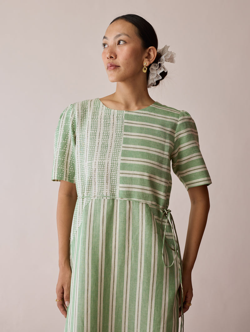Sola Patchwork Block-Printed Linen Dress-Fern linen dress by Manan in green for women Worldwide