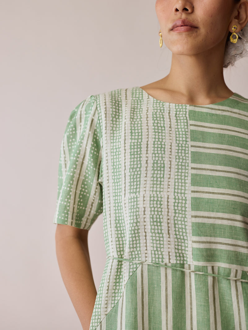 Sola Patchwork Block-Printed Linen Dress-Fern linen dress by Manan in green for women Worldwide