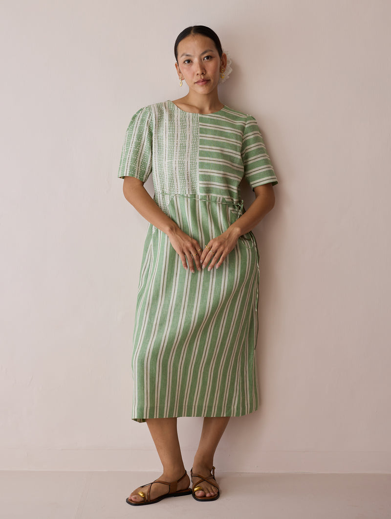 Sola Patchwork Block-Printed Linen Dress-Fern linen dress by Manan in green for women Worldwide
