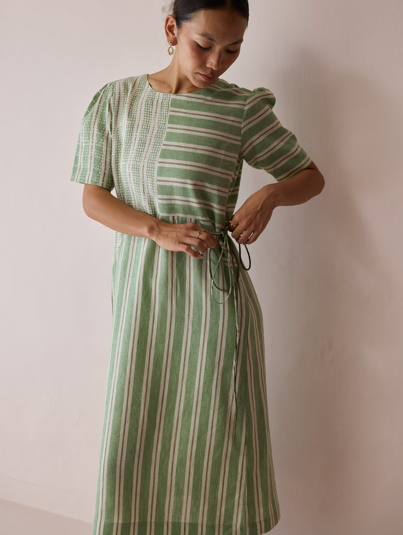 Sola Patchwork Block-Printed Linen Dress-Fern linen dress by Manan in green for women Worldwide
