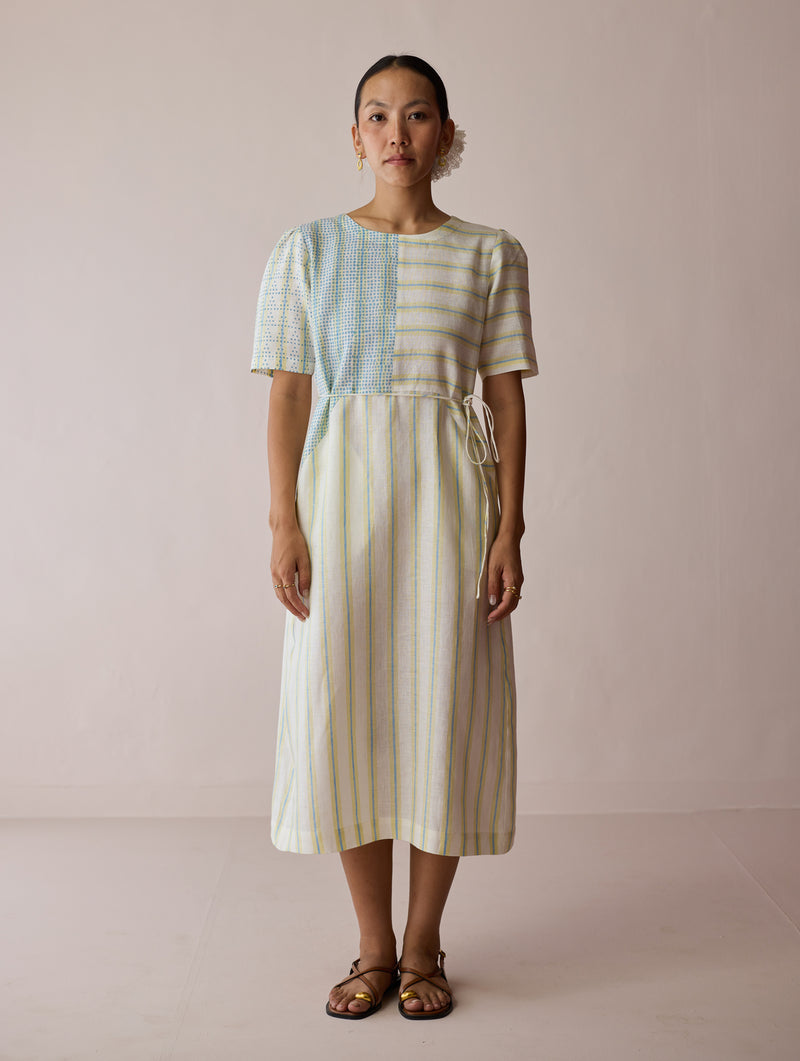 Sola Patchwork Block-Printed Linen Dress-Ivory linen dress by Manan in ivory for women Worldwide