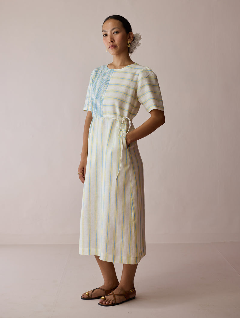 Sola Patchwork Block-Printed Linen Dress-Ivory linen dress by Manan in ivory for women Worldwide