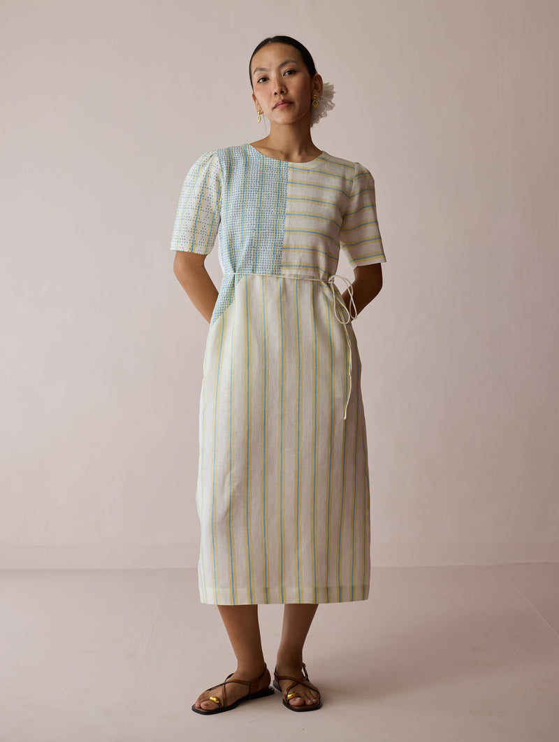 Sola Patchwork Block-Printed Linen Dress-Ivory linen dress by Manan in ivory for women Worldwide