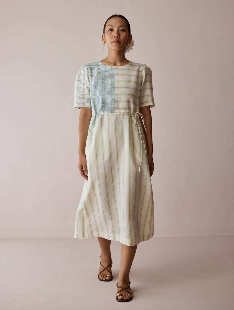 Sola Patchwork Block-Printed Linen Dress-Ivory linen dress by Manan in ivory for women Worldwide