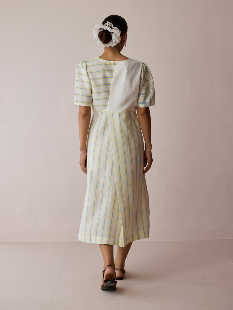 Sola Patchwork Block-Printed Linen Dress-Ivory linen dress by Manan in ivory for women Worldwide
