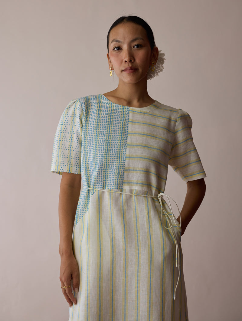 Sola Patchwork Block-Printed Linen Dress-Ivory linen dress by Manan in ivory for women Worldwide